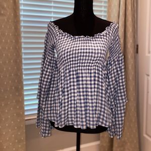 OLIVACEOUS wide neck blue checkered top